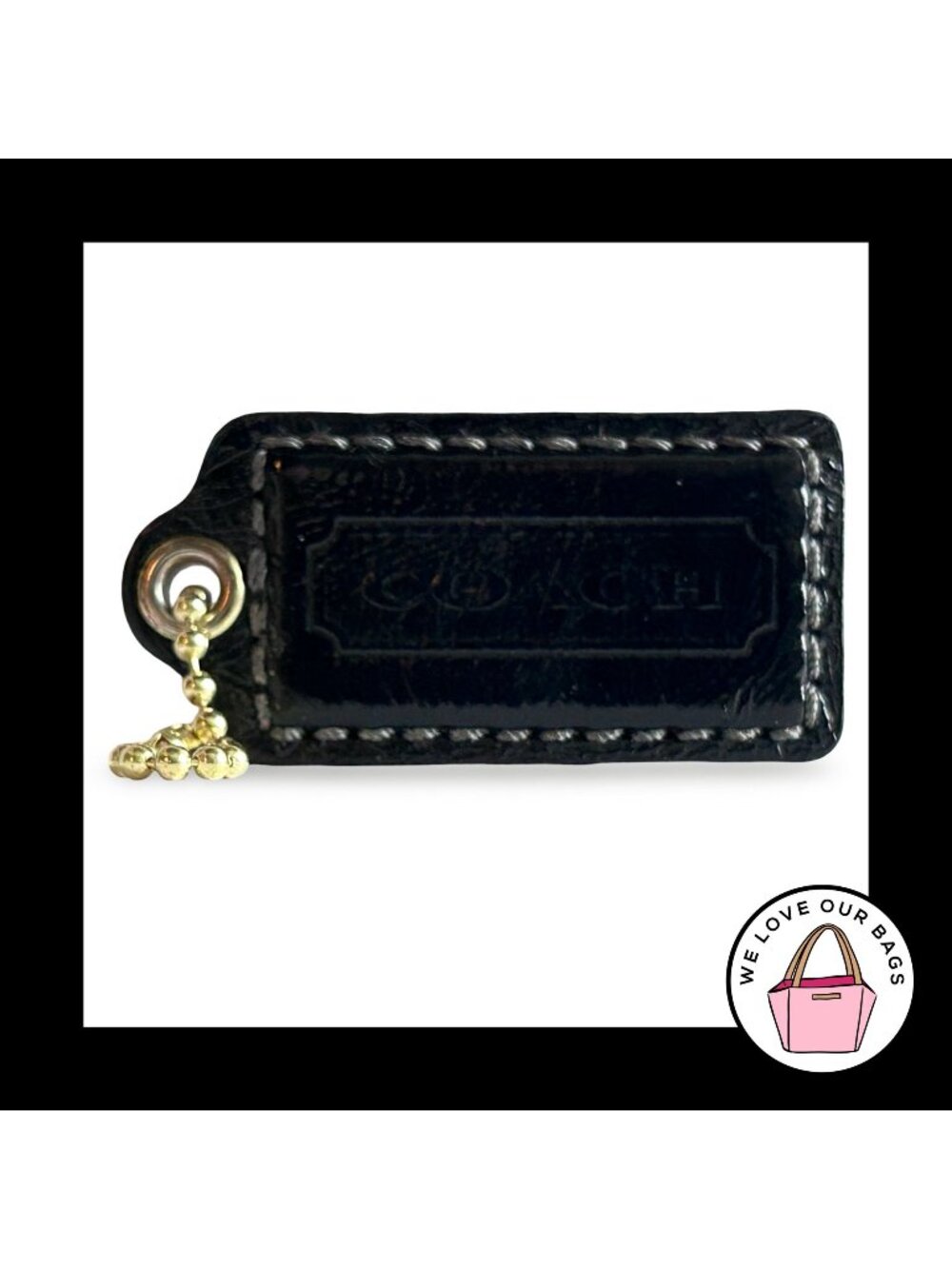 Rare COACH HANG TAG 2.5" Black Patent Leather Brass Bag Charm Keychain Fob Large